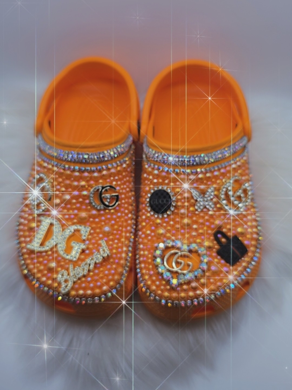 Orange Bedazzled Womens Clog Shoes with Decorative Charms